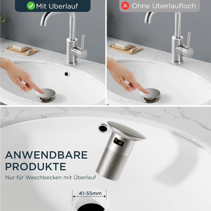 FORIOUS Wasserhahn Bad Hoch mit Ablaufgarnitur，360° Drehbar Edelstahl Waschtischarmatur Hoch mit War