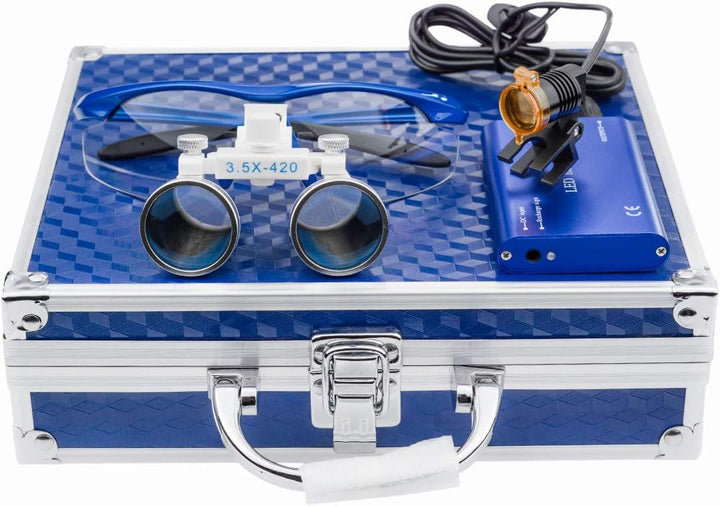 BONEW 3,5 x Fernglas-Lupen + 3 W LED-Scheinwerfer mit Filter + Aluminiumbox blau