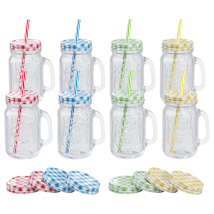 WELLGRO Trinkgläser Set bunt mit Deckel und Trinkhalm 500ml inkl. Ersatzdeckeln Mehrweg Cocktail Glä