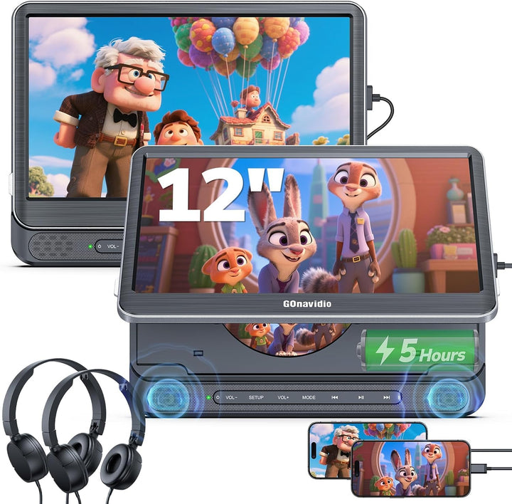 GOnavidio 12" DVD Player Auto 2 Bildschirme, Wiederaufladbar Kopfstütze für Auto mit 1080P HDMI-Eing