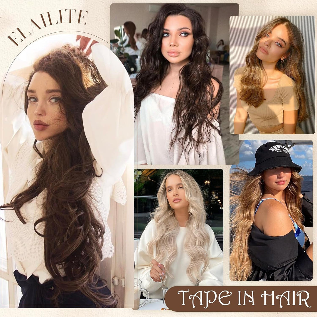 Elailite Tape Extensions Echthaar Naturschwarz, 10 Stück 20g Kleber Haarverlängerungen Invisible Gla