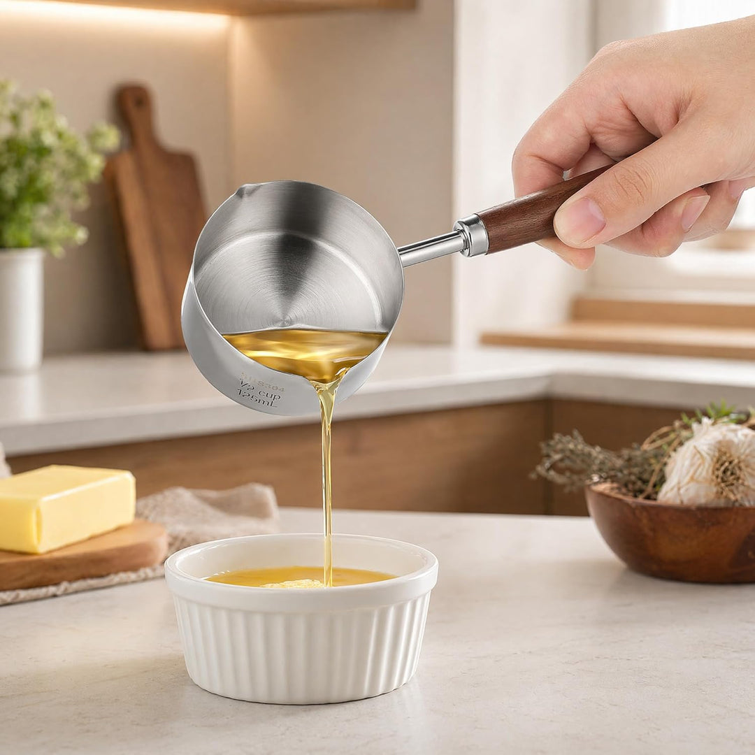 UKCOCO Mini Topf Edelstahl 125ml mit Holzgriff - Kleiner Butterwärmer Induktion & Herd - Milchpfanne