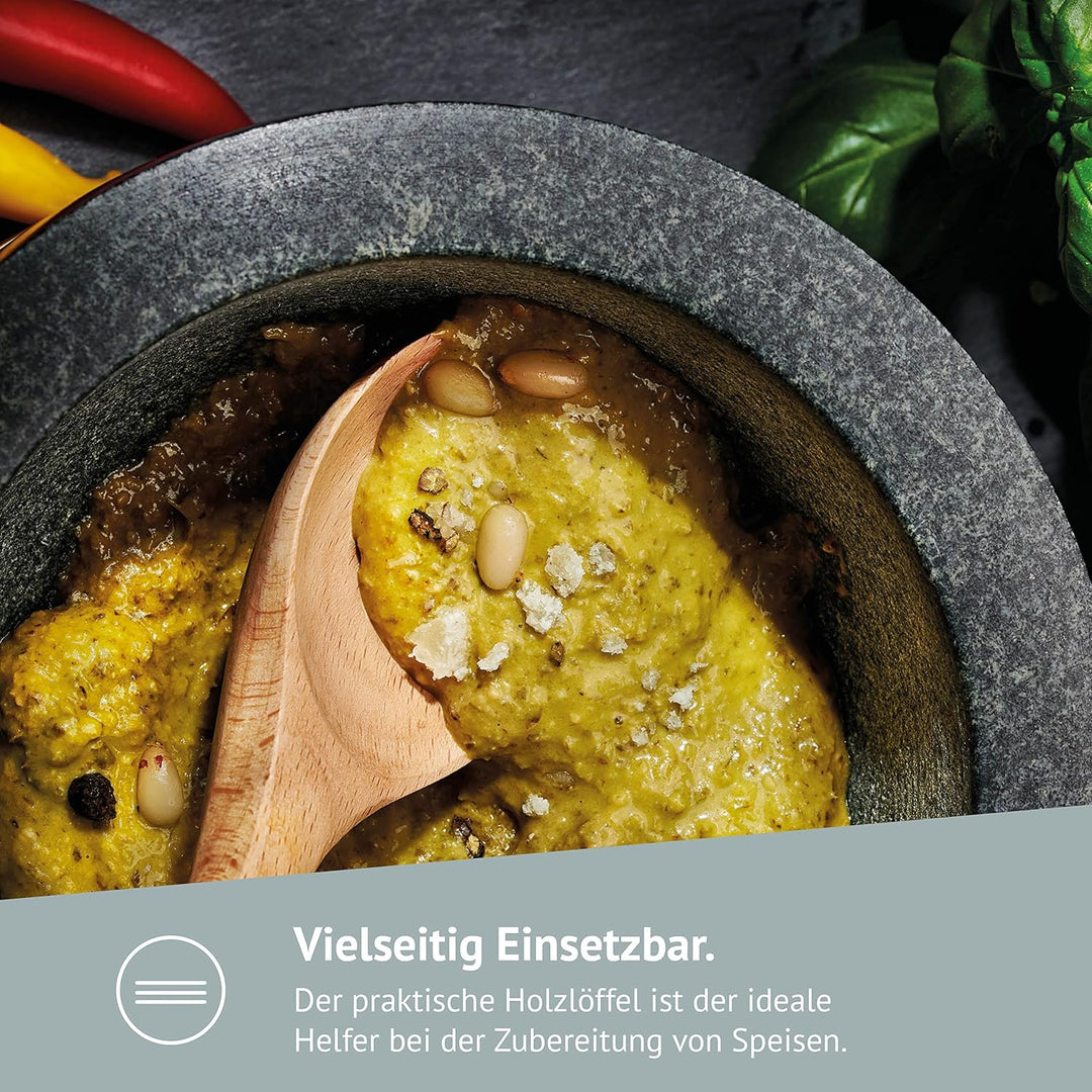 DIEMKER Premium Granit Mörser mit Stössel, abnehmbarer Holzfuss, Holzlöffel und Reinigungsbürste im