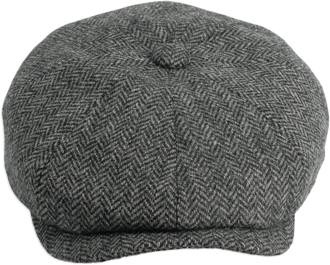 Gamble & Gunn 'Ramsden' graue Fischgräten-Tweed-Kappe mit 8 Paneelen, 61 cm