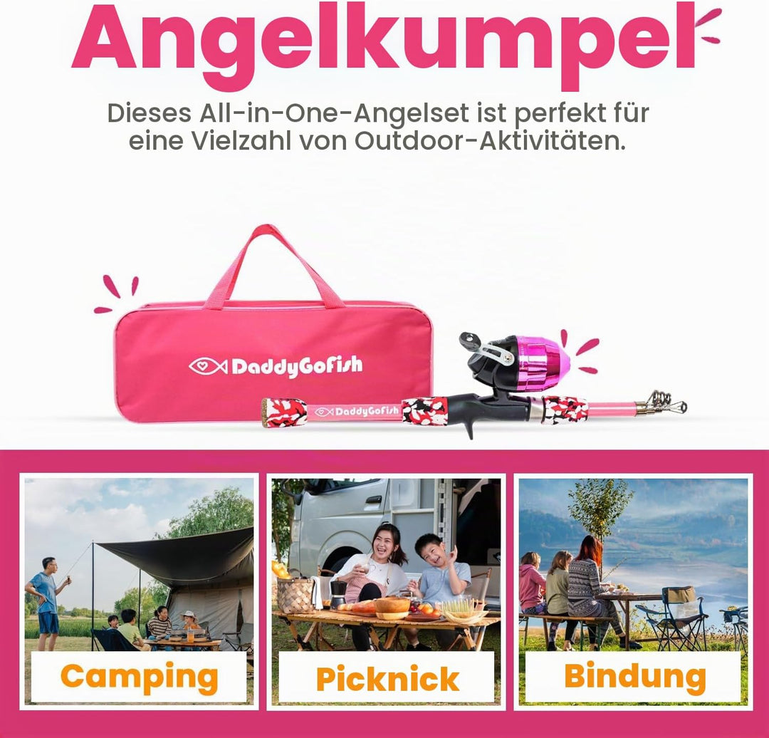DaddyGoFish Kinder Angelset - Teleskoprute & Rolle Combo mit Klappstuhl, Rutenhalter, Tackle Box, Kö