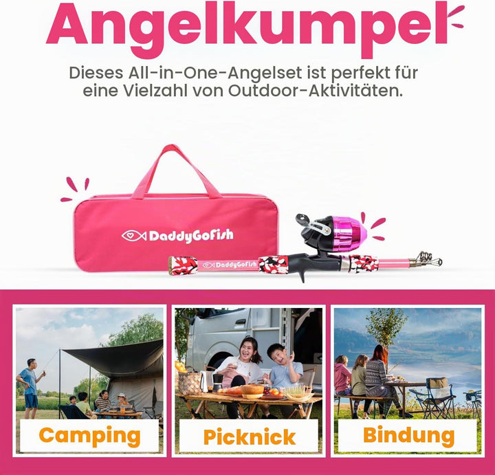 DaddyGoFish Kinder Angelset - Teleskoprute & Rolle Combo mit Klappstuhl, Rutenhalter, Tackle Box, Kö