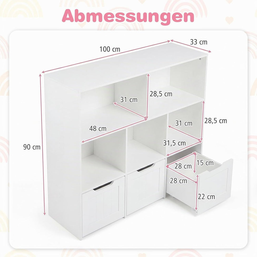 COSTWAY Kinderregal mit Boxen auf Rollen, Bücherregal Kinder mit 5 Fächern &amp; 3 Schubladen, Spielzeug