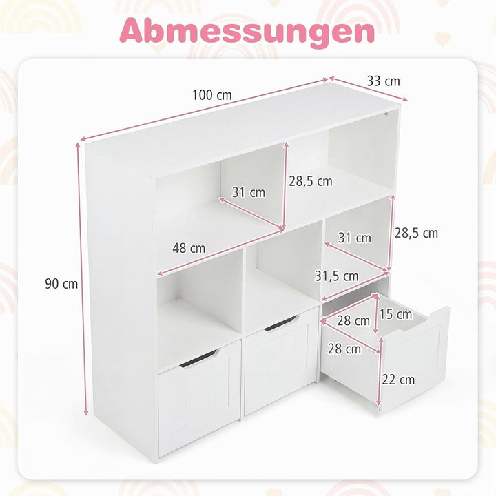 COSTWAY Kinderregal mit Boxen auf Rollen, Bücherregal Kinder mit 5 Fächern &amp; 3 Schubladen, Spielzeug