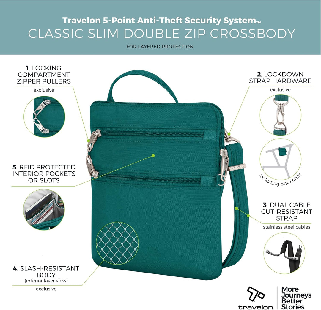 Travelon Diebstahlsichere Classic Slim Dbl Umhängetasche mit Reissverschluss Fichte, Fichte