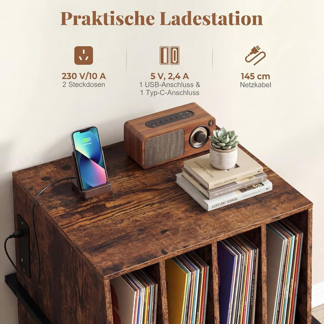 COSTWAY Plattenspielerständer, Vinyl Schallplattentisch mit Ladestation, breite Tischplatte, 4 Trenn