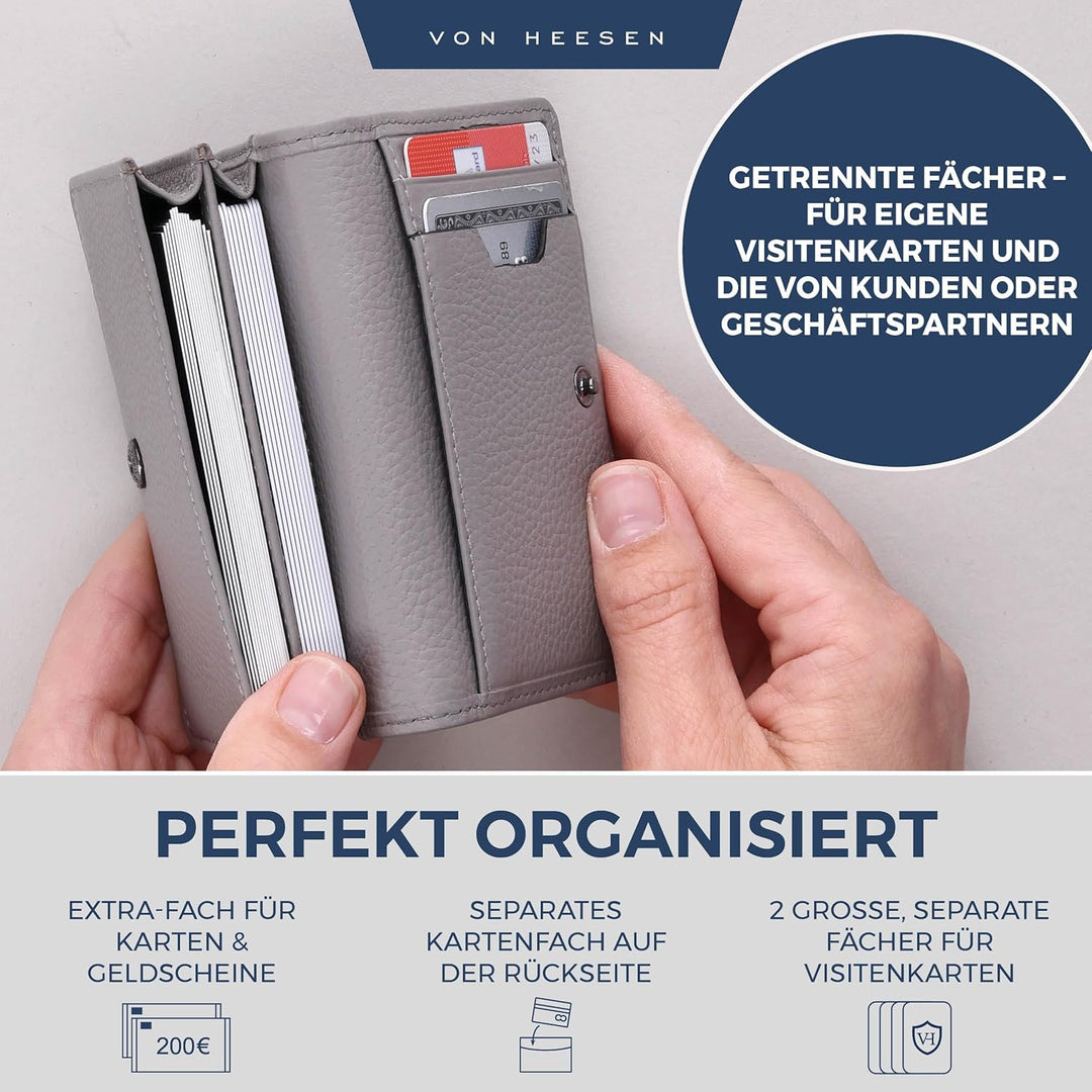 VON HEESEN® Visitenkartenetui Leder mit RFID-Schutz - Platz für 50 Visitenkarten - 6 Fächer - Visite