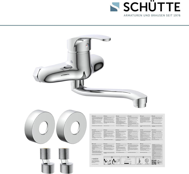 SCHÜTTE 36760 ORAZI Wandwasserhahn Chrom, Wand-Spültischarmatur 360°, ideal für Doppelspülbecken, Wa