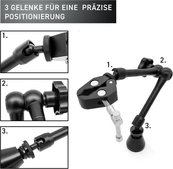 Magnetarm 3-Gelenk mit grosser Werkzeug-Schraubklemme, starker Neodymfuss, flexibel einstellbar, für