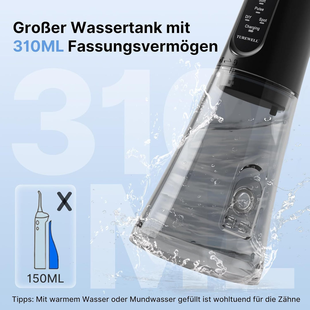 TUREWELL Munddusche Kabellos, Elektrische Zahnreiniger mit 5 Modi, 4 Düsen, 310ML Wassertank & IPX7