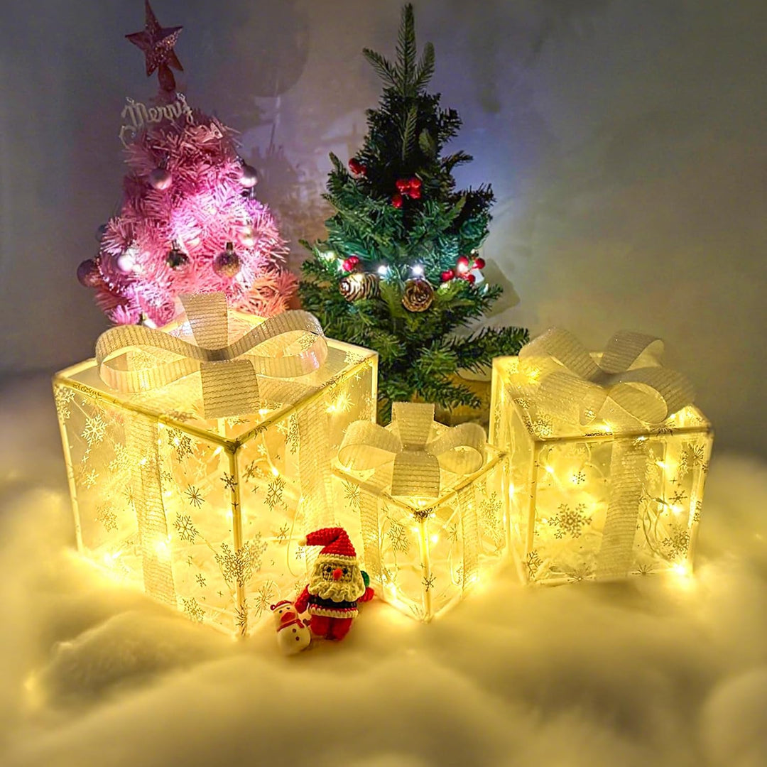 3 Stück Weihnachtsdeko LED Geschenkbox Set Beleuchtet mit Timer Fernbedienung Warmweiss Licht Gesche