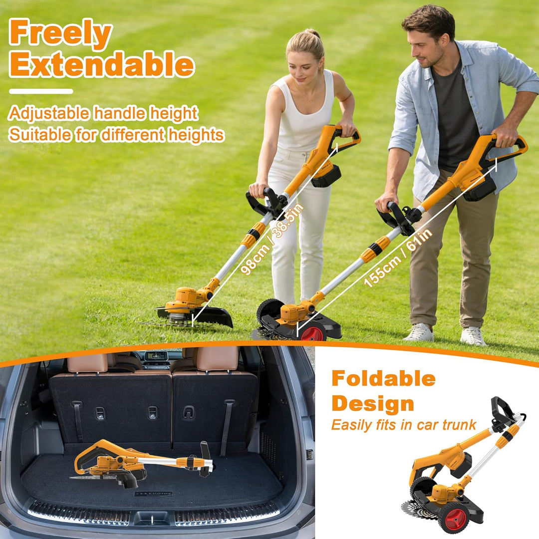 Fiutazge Faltbar Rasentrimmer mit 2X4.0Ah Akku,Bürstenlose Rasentrimmer Mit Rollen,Unkrautbürste,5 K