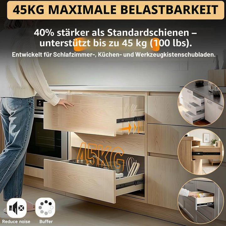 AOLISHENG Kugellager Schubladenschienen softclose 450mm, schwere Belastbarkeit 45 kg, 5 Paar (10 Stü