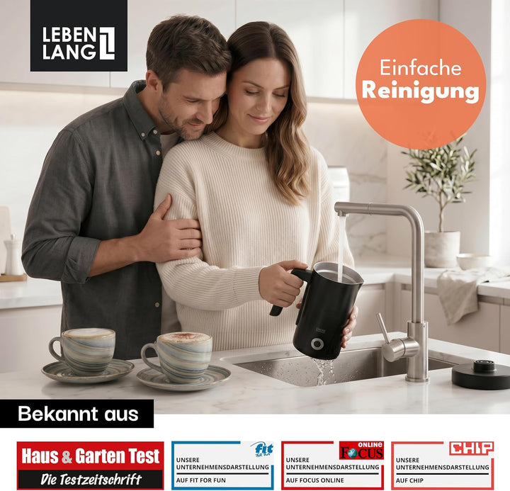 LEBENLANG Milchaufschäumer Elektrisch 4-in-1-300ml & 500W I Antihaftbeschichtet + 3 Ersatzschäumer I