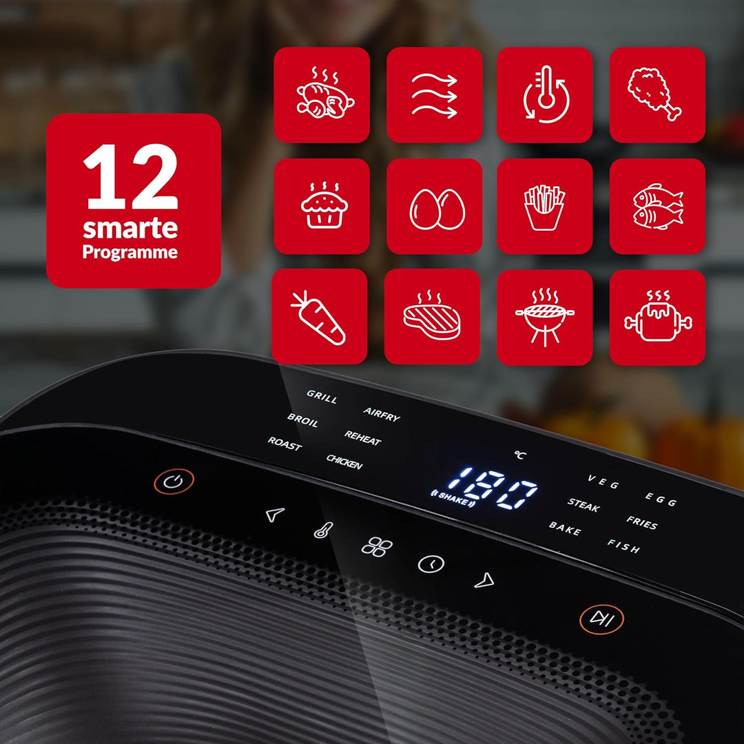 LEHMANN XL Heissluftfritteuse 6,5L, Airfryer mit oberem Panorama-Sichtfenster & Beleuchtung, Touchdi