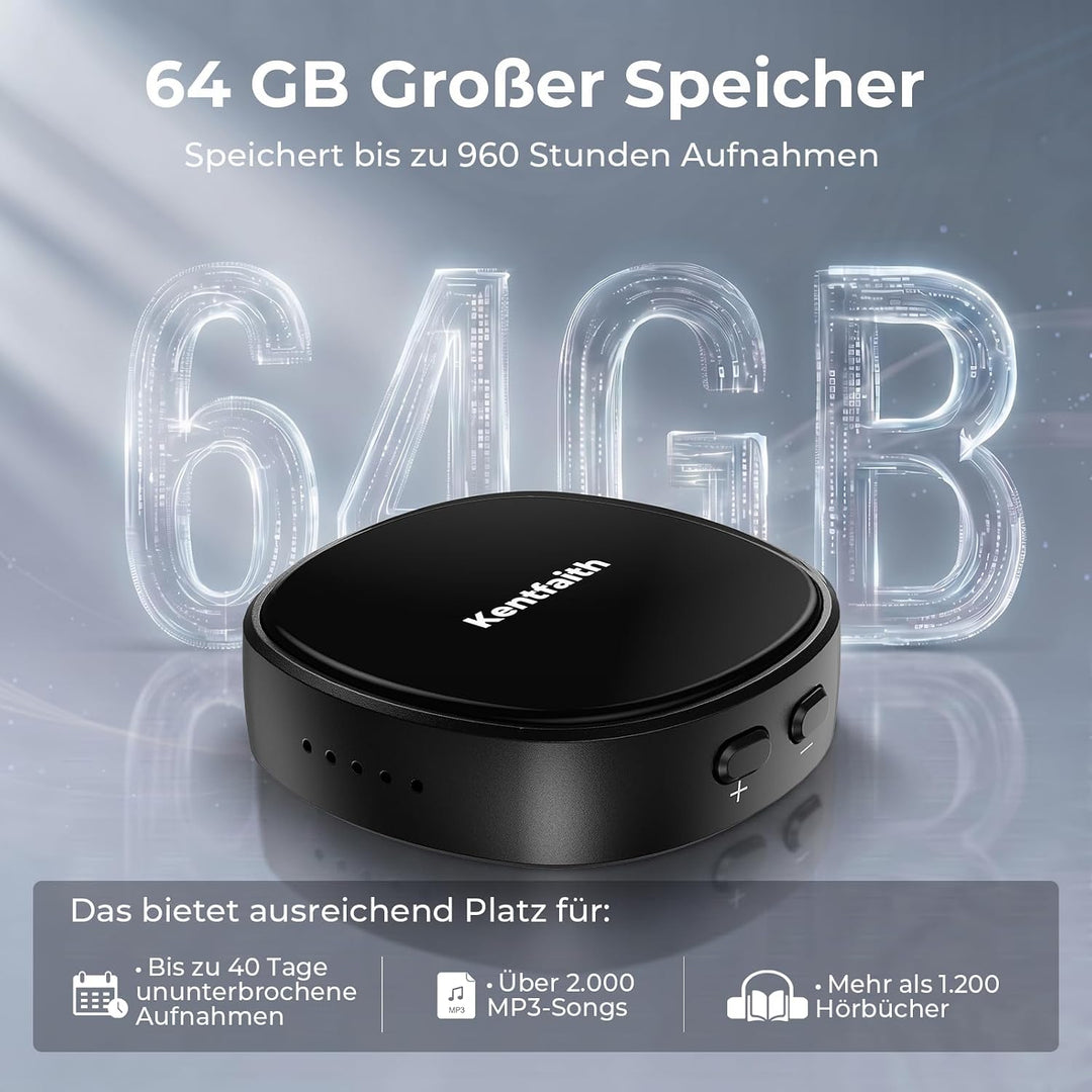 Kentfaith 64GB Diktiergerät Mini Magnetisch VOA mit USB-C-Anschluss | One-Touch-Diktiergeräte,DSP-Ra