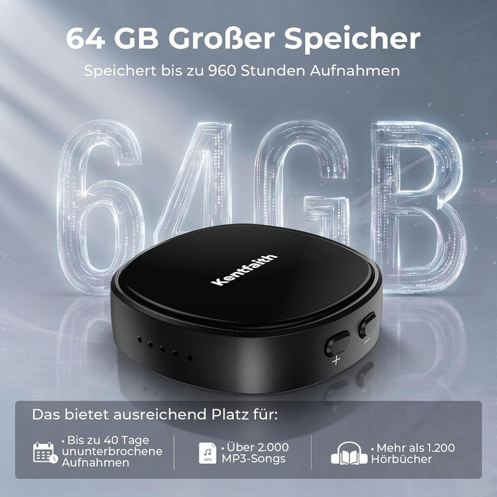 Kentfaith 64GB Diktiergerät Mini Magnetisch VOA mit USB-C-Anschluss | One-Touch-Diktiergeräte,DSP-Ra