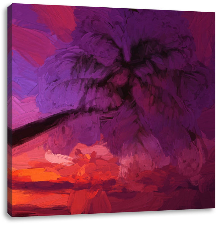 Pixxprint Palme am Meer mit Sonnenuntergang Pinsel Effekt, Format: 70x70 auf Leinwand, 70x70