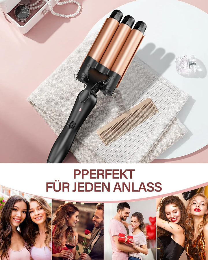 Lockenstab 3 FäSser Beach Waves Welleneisen für Haare, 25mm Kleine Locken Keramik Lockeneisen-Temper
