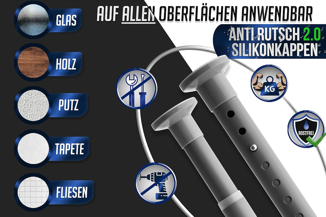 MEISENBERG Duschvorhangstange ohne Bohren 160-210cm, Ø25mm Grau Klemmbare belastbare Gardinenstange