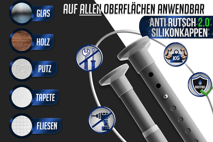 MEISENBERG Duschvorhangstange ohne Bohren 160-210cm, Ø25mm Grau Klemmbare belastbare Gardinenstange
