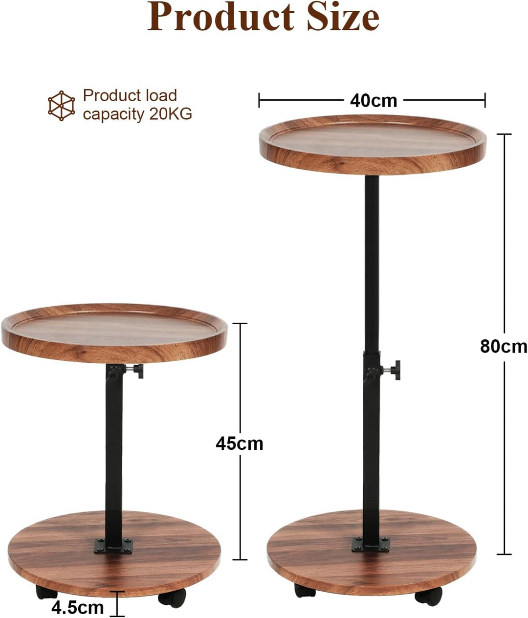 Beistelltisch Rund mit Rollen | Beistelltisch Höhenverstellbar (45-80cm) | Runder Beistelltische Hol