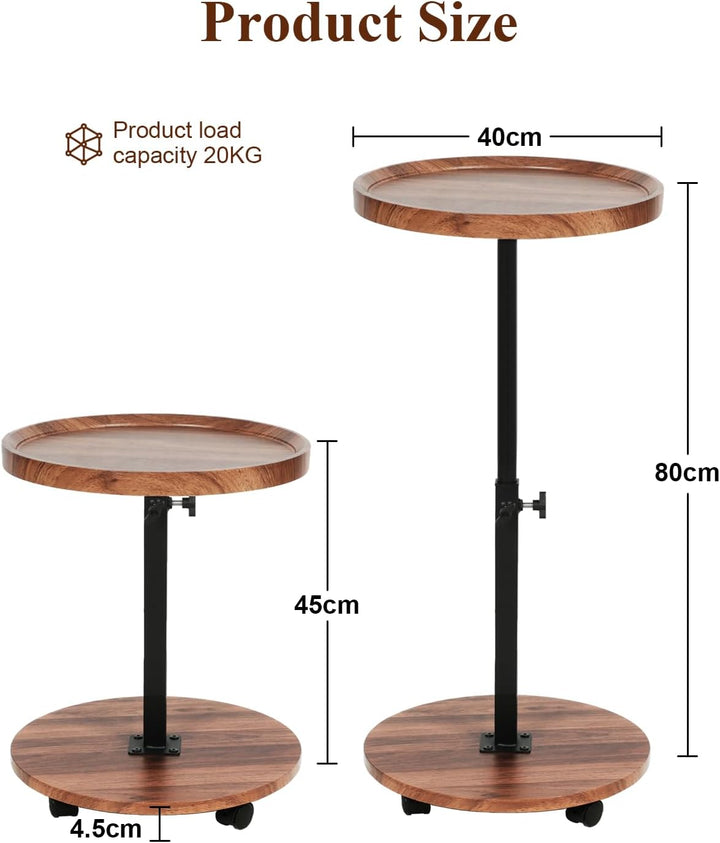 Beistelltisch Rund mit Rollen | Beistelltisch Höhenverstellbar (45-80cm) | Runder Beistelltische Hol