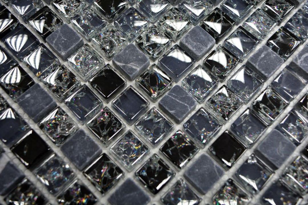 Mosaik Quadrat Crystal/Stein mix schwarz Glasmosaik Transluzent Transparent 3D, Mosaikstein Format: