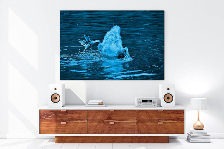 deyoli kleine Ente tauscht nach Fischen Format 80x60 Effekt: Monocrome Blau als Leinwandbild, Motiv