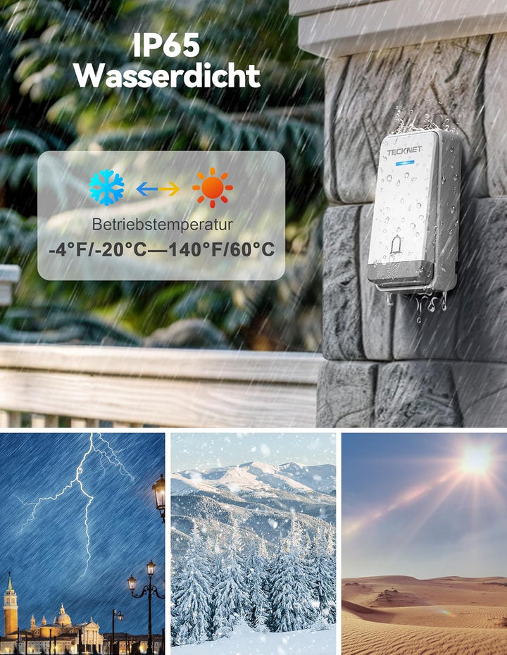 TECKNET Türklingel Batterielose, Steckdosen-Funkklingel mit EU-Steckdose und RGB Licht, IP65 Wasserd