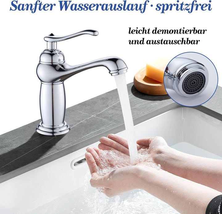 Wasserhahn Badezimmer Retro, Messing Waschtischarmatur Einhebelmischer mit Elegant Geschwungenem Aus