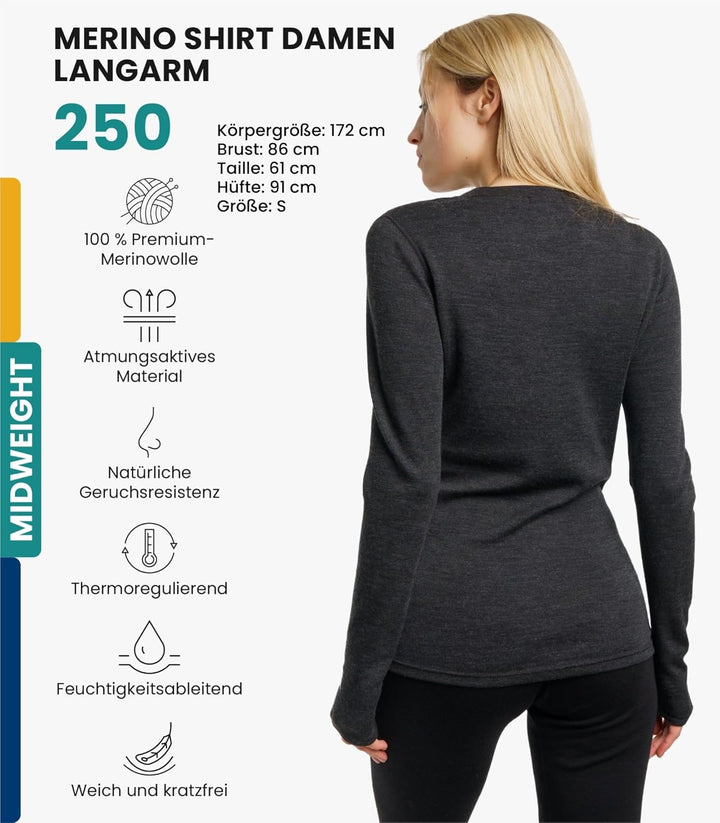Merino.tech Merino Shirt Damen Langarm – Premium 100% Merino Unterwäsche Damen Langarmshirt, Sportun