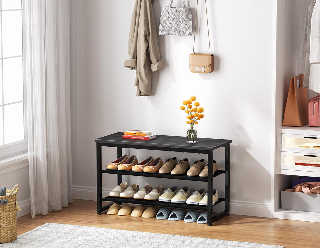 HOMIDEC Schuhregal mit 3 Ebenen, Schuhbank mit Holzplatte, Schuhregal mit Sitzbank, Regal Vliesstoff