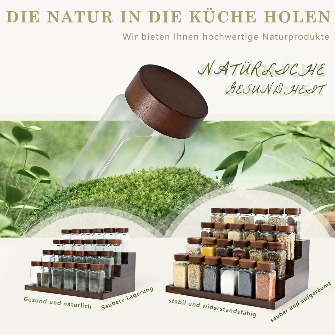 Gewürzgläser Eckig mit 2-in-1 Akazienholz-Gewürzregal Stehend (FCM®) – 24x120ml Gewürzdosen Set, Gew