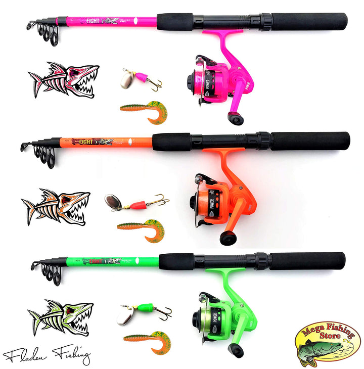 Fladen Kinderangel Starter Set Tele Spinning Combo Grün/Orange/Pink Teleskop Rute Rolle Schnur Spinn