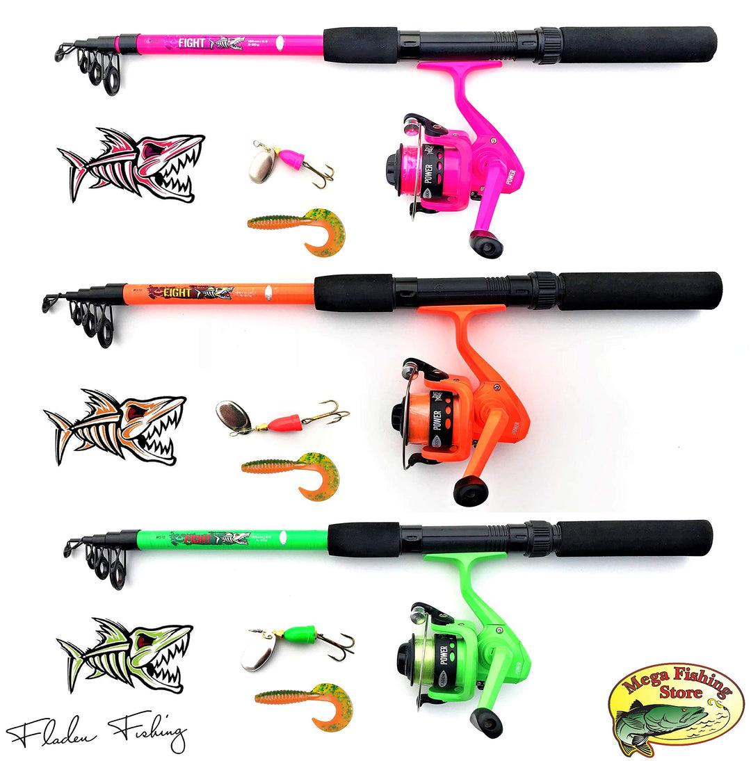 Fladen Kinderangel Starter Set Tele Spinning Combo Grün/Orange/Pink Teleskop Rute Rolle Schnur Spinn