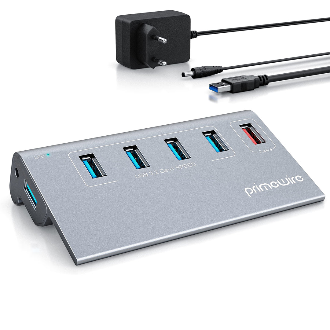 CSL - 5 Port USB 3.2 Hub Aktiv mit Netzteil und USB Kabel - USB 3.0 USB 3.2 Gen.1 Datenhub für MacBo
