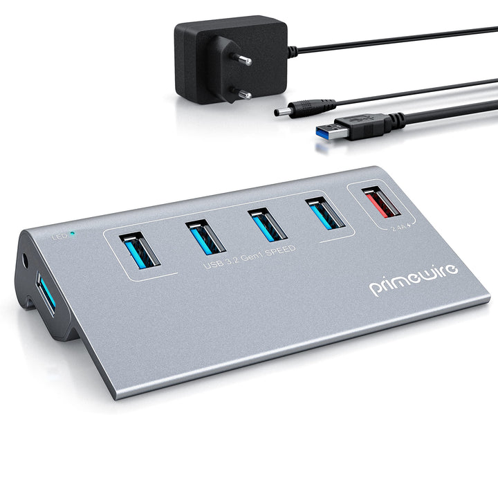CSL - 5 Port USB 3.2 Hub Aktiv mit Netzteil und USB Kabel - USB 3.0 USB 3.2 Gen.1 Datenhub für MacBo