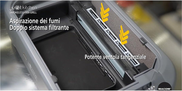 MACOM Elektrogrill/Grillplatte mit integrierter Dunstabzugshaube und doppeltem Filtersystem, für den