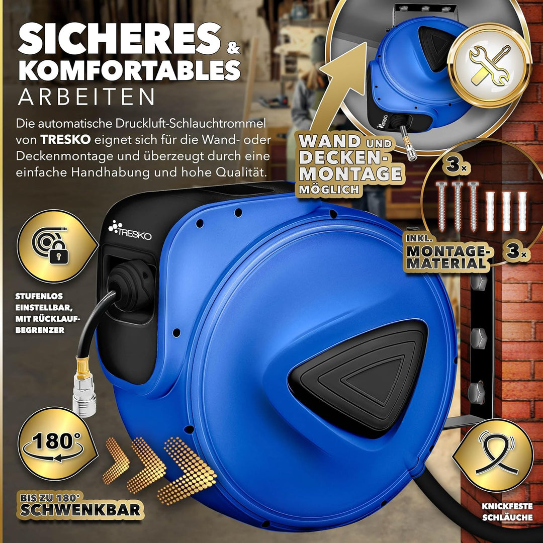 TRESKO® 15m Druckluftschlauch Aufroller automatisch 1/4" Anschluss | Schlauchtrommel Wandschlauchhal