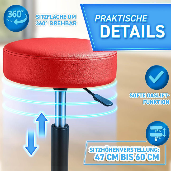 TRESKO® Rollhocker höhenverstellbar 10 cm Dicke Polsterung bis 150 kg | Hocker 47-60cm | Arbeitshock