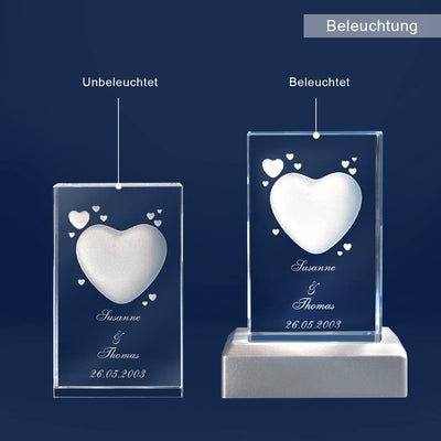 LOOXIS Personalisierte 3D Herz-Gravur im Glas – versch. Motive, Namen, Wunsch-Text – Geschenk-Idee z