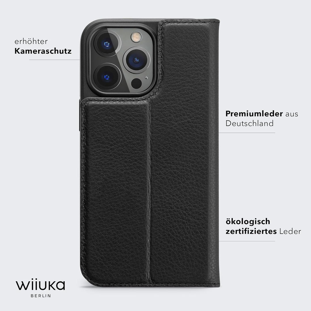 WIIUKA Hülle für iPhone 15 Pro, Leder aus Deutschland, mit Kartenfach, extra Dünn, Handyhülle mit St