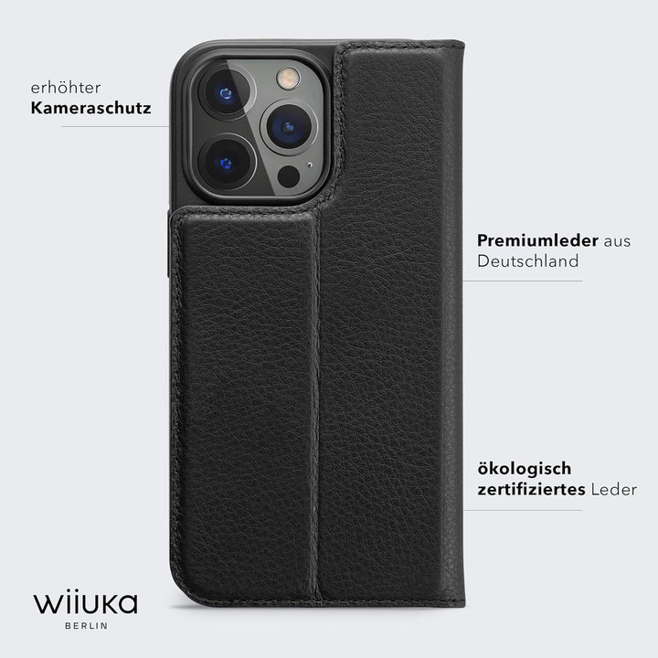 WIIUKA Hülle für iPhone 15 Pro, Leder aus Deutschland, mit Kartenfach, extra Dünn, Handyhülle mit St