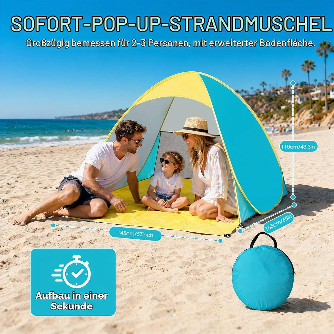 Pop Up Strandmuschel mit UV Schutz 50+, Automatisches Strandzelt Windschutz für 2-3 Personen, Wasser