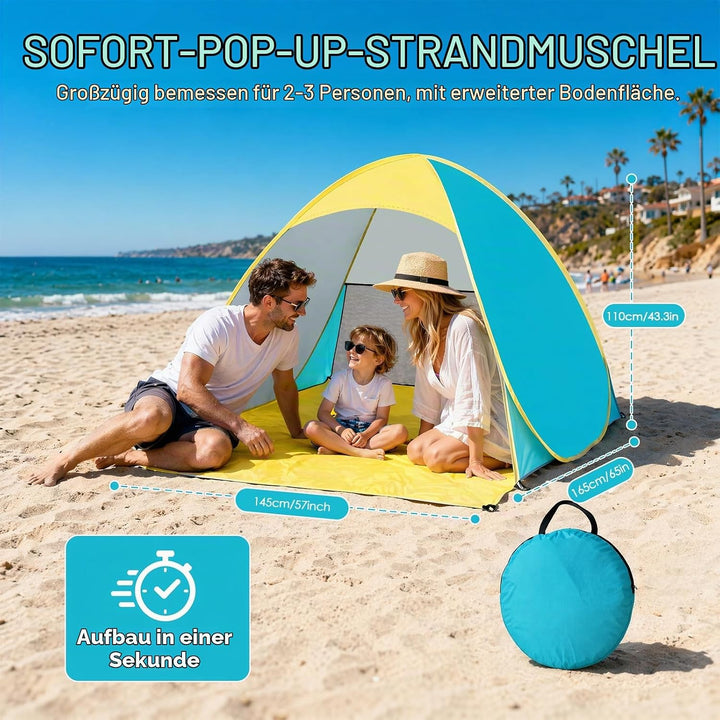 Pop Up Strandmuschel mit UV Schutz 50+, Automatisches Strandzelt Windschutz für 2-3 Personen, Wasser